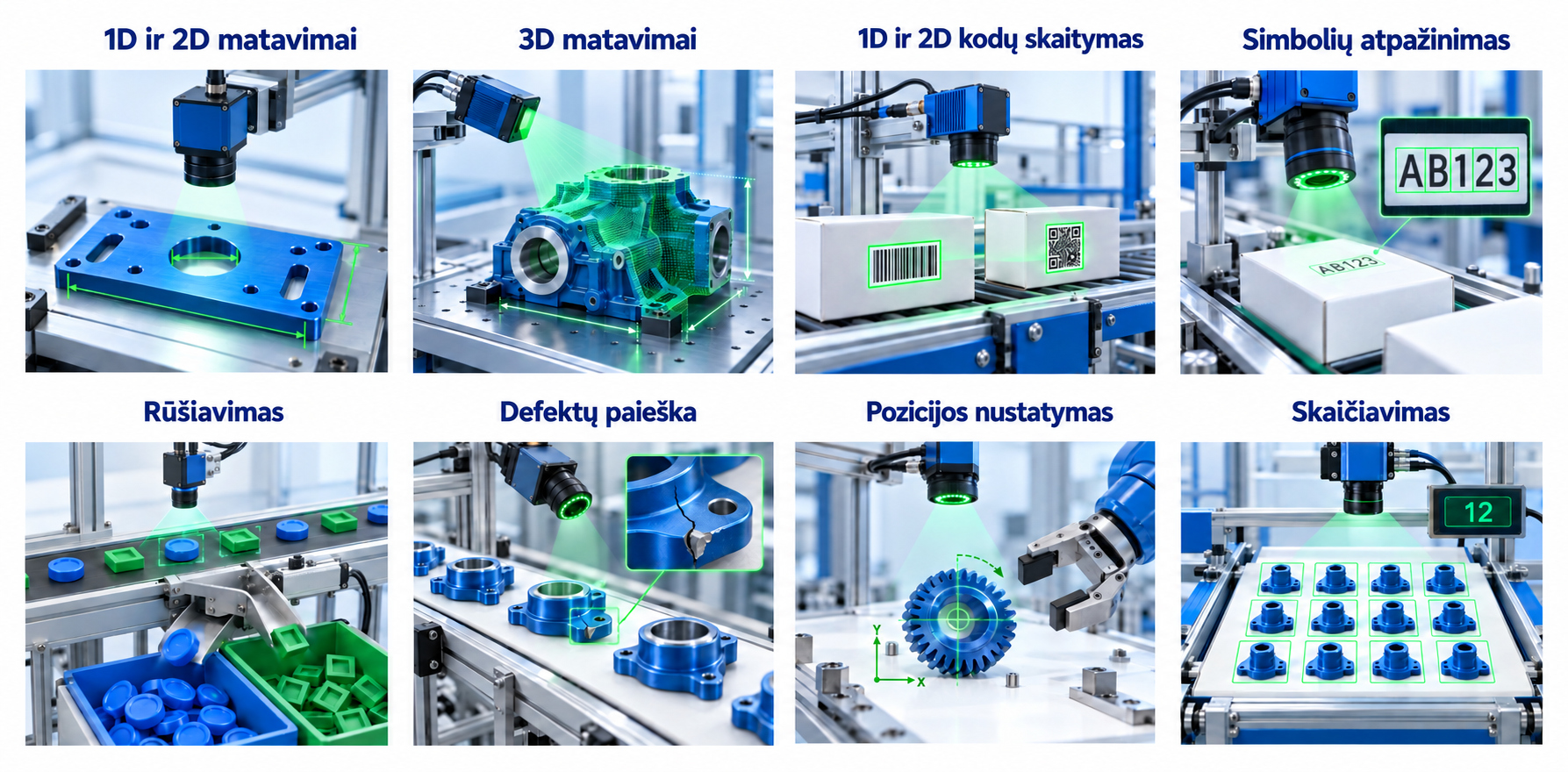 • 1D ir 2D matavimai • 3D matavimai • 1D ir 2D kodų skaitymas • Simbolių atpažinimas • Rūšiavimas • Defektų paieška • Pozicijos nustatymas • Skaičiavimas