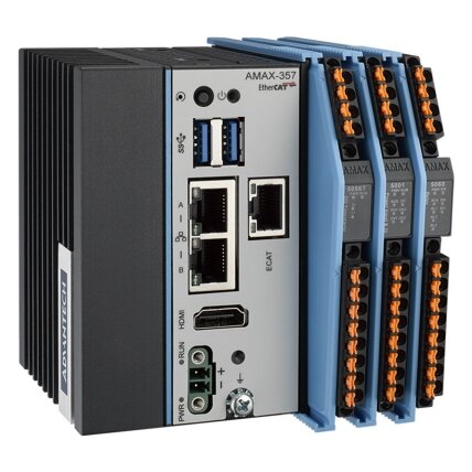 Advantech AMAX-357 Itin kompaktiškas kompiuterinis EtherCAT valdiklis su Intel Atom procesoriumi, 64 GB eMMC, 2 x LAN, 2 x USB ir Slice IO plėtimo galimybe 2