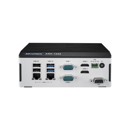 Advantech ARK-1222 Intel N97 ir x7433RE keturių branduolių kompiuterinis procesorius su dviem HDMI, dviem LAN, keturiais COM prievadais, skirtas kompiuteriui, neventiliuojamas ant DIN bėgelio 1
