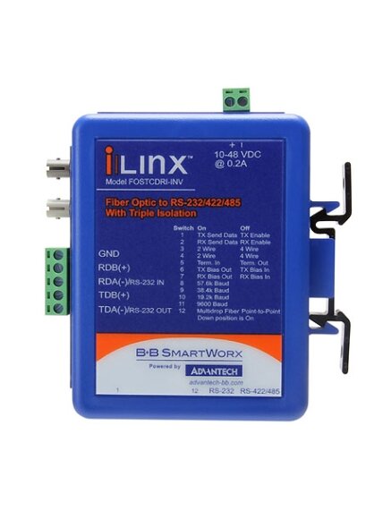 Advantech BB-FOSTCDRI-INV Serial Converter, RS-232/422/485 TB to MM Fiber ST (Inverted), Ind. DIN, C1D2 1