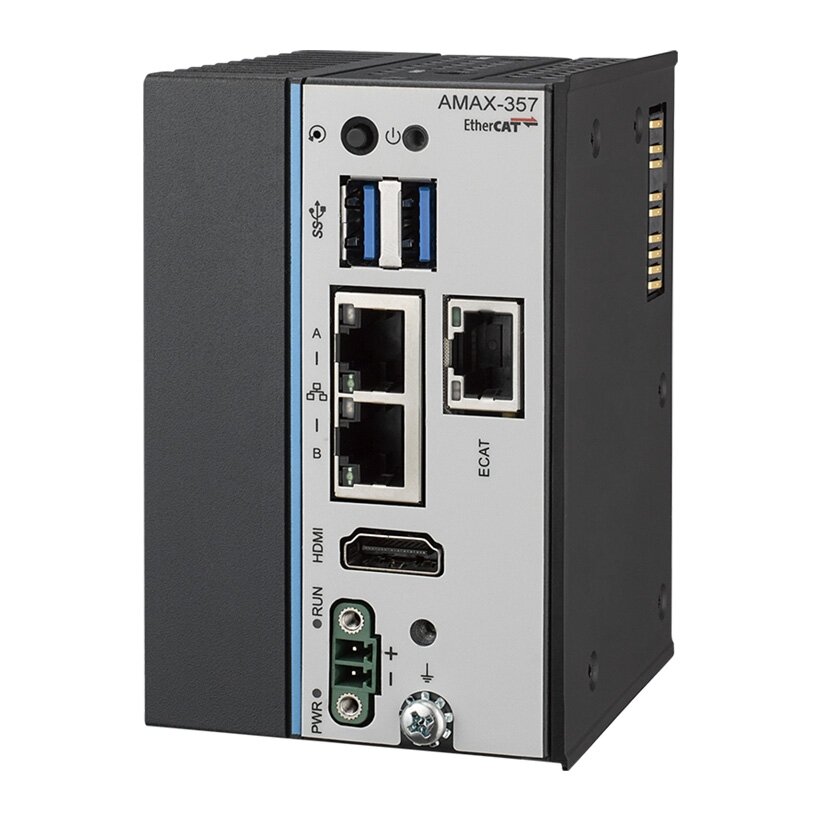 Advantech AMAX-357 Itin kompaktiškas kompiuterinis EtherCAT valdiklis su Intel Atom procesoriumi, 64 GB eMMC, 2 x LAN, 2 x USB ir Slice IO plėtimo galimybe 1