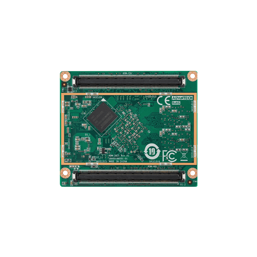 Advantech AOM-3821 AOM-3821 yra SOM modulis, pagrįstas Rockchip RK3588 Cortex-A76 ir A55 SoC su 6TOPS NPU, atitinkantis RTXe standartą ir naudojantis B2B jungtį 1