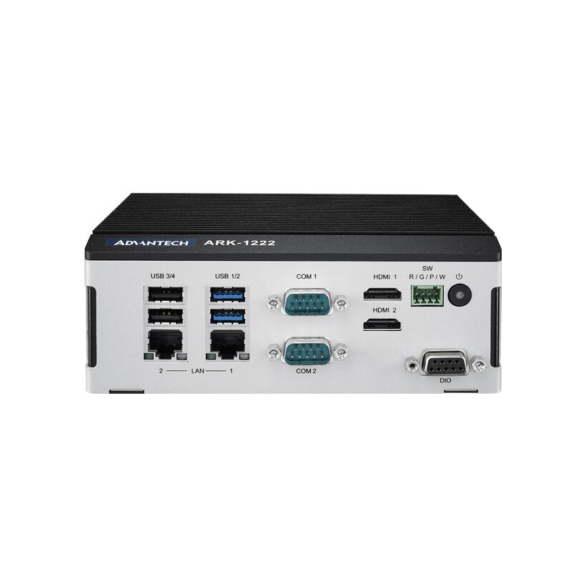 Advantech ARK-1222 Intel N97 ir x7433RE keturių branduolių kompiuterinis procesorius su dviem HDMI, dviem LAN, keturiais COM prievadais, skirtas kompiuteriui, neventiliuojamas ant DIN bėgelio 1