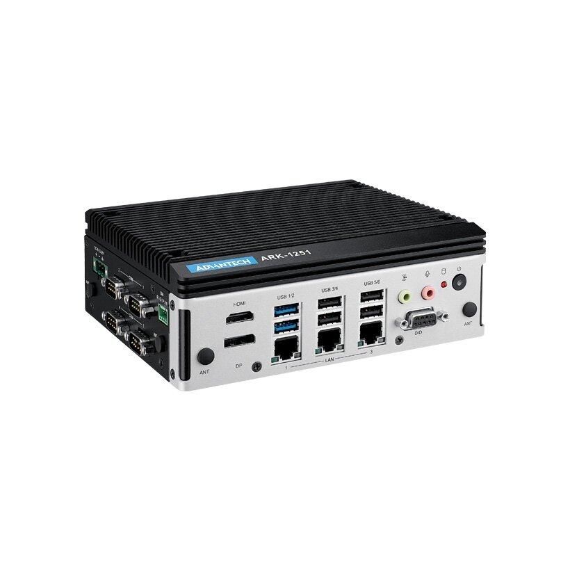 Advantech ARK-1251 Intel Core Ultra U serijos procesorius su trimis LAN, keturiais COM prievadais, HDMI, DP, GbE, GPIO, nuotoliniu jungikliu, 6 USB prievadais
