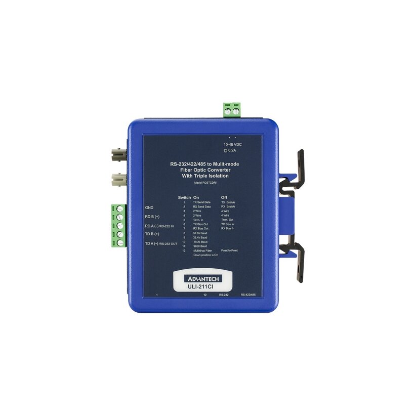 Advantech BB-FOSTCDRI ULI-211CI – Trigubai izoliuotas RS-232 / 422 / 485 (gnybtų blokas) į daugiamodį šviesolaidį (ST jungtys) keitiklis, montuojamas ant DIN bėgelio 2