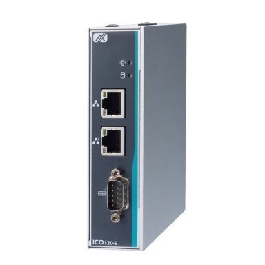 Axiomtek ICO120-E3350 – ant DIN bėgelio montuojamas įterptinis (embedded) nevetiliuojamas kompiuteris su Intel Celeron N3350 procesoriumi