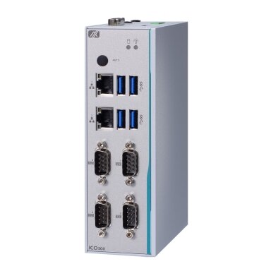 Axiomtek ICO300-83B – ant DIN bėgelio montuojamas įterptinis (embedded) nevetiliuojamas kompiuteris su Intel Celeron N3350/Pentium N4200 procesoriumi