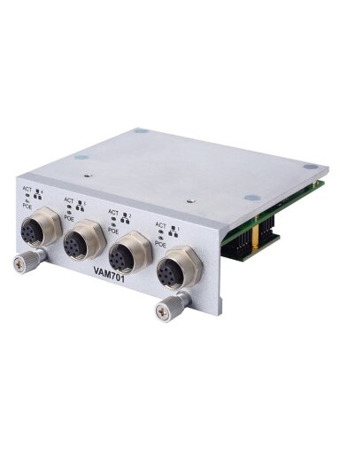 Axiomtek VAM700/VAM701 – Value-added Module with 4 M12 A-coded GbE LAN Ports (PoE Optional) Axiomtek VAM700/VAM701 – Value-added Module with 4 M12 A-coded GbE LAN Ports (PoE Optional)