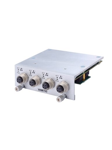 Axiomtek VAM704/VAM705 – Value-added Module with 4 M12 D-coded 10/100 Mbps LAN Ports (PoE Optional) Axiomtek VAM704/VAM705 – Value-added Module with 4 M12 D-coded 10/100 Mbps LAN Ports (PoE Optional)