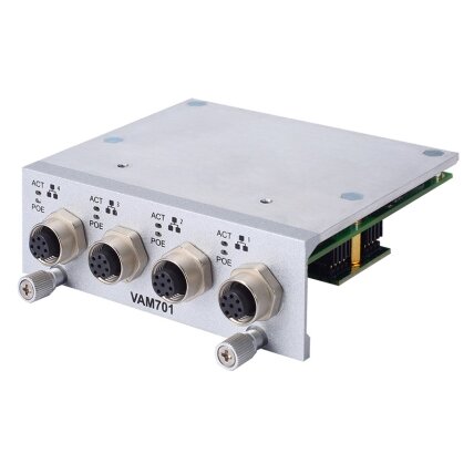 Axiomtek VAM700/VAM701 – papildomas modulis su 4 M12 A kodavimo GbE LAN prievadais (PoE pasirenkamas) 1 Axiomtek VAM700/VAM701 – papildomas modulis su 4 M12 A kodavimo GbE LAN prievadais (PoE pasirenkamas) 1