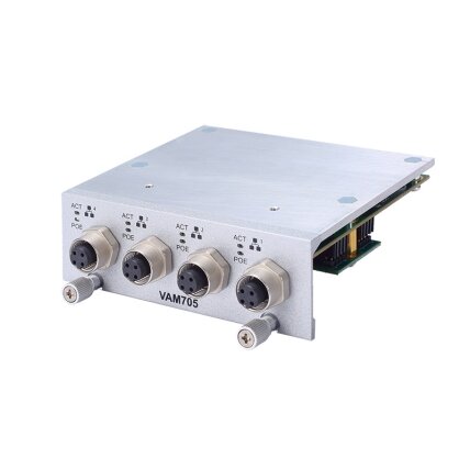 Axiomtek VAM704/VAM705 – papildomas modulis su 4 M12 D kodavimo 10/100 Mbps LAN prievadais (PoE pasirenkamas) Axiomtek VAM704/VAM705 – papildomas modulis su 4 M12 D kodavimo 10/100 Mbps LAN prievadais (PoE pasirenkamas)