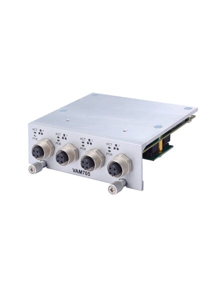 Axiomtek VAM704/VAM705 – Value-added Module with 4 M12 D-coded 10/100 Mbps LAN Ports (PoE Optional) Axiomtek VAM704/VAM705 – Value-added Module with 4 M12 D-coded 10/100 Mbps LAN Ports (PoE Optional)