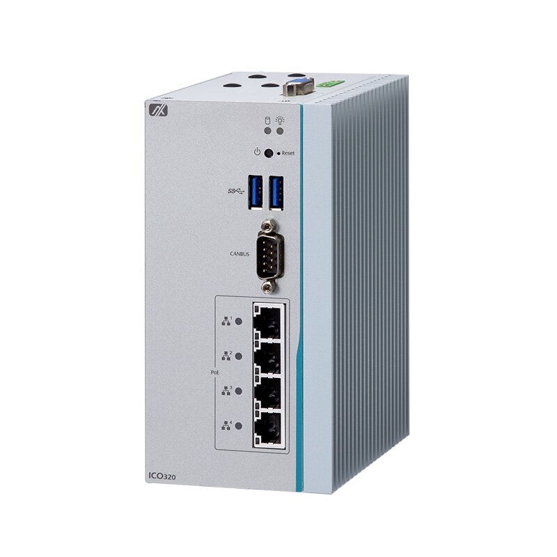 Axiomtek ICO320-83C – ant DIN bėgelio montuojamas įterptinis (embedded) nevetiliuojamas kompiuteris su Intel Celeron N3350 procesoriumi