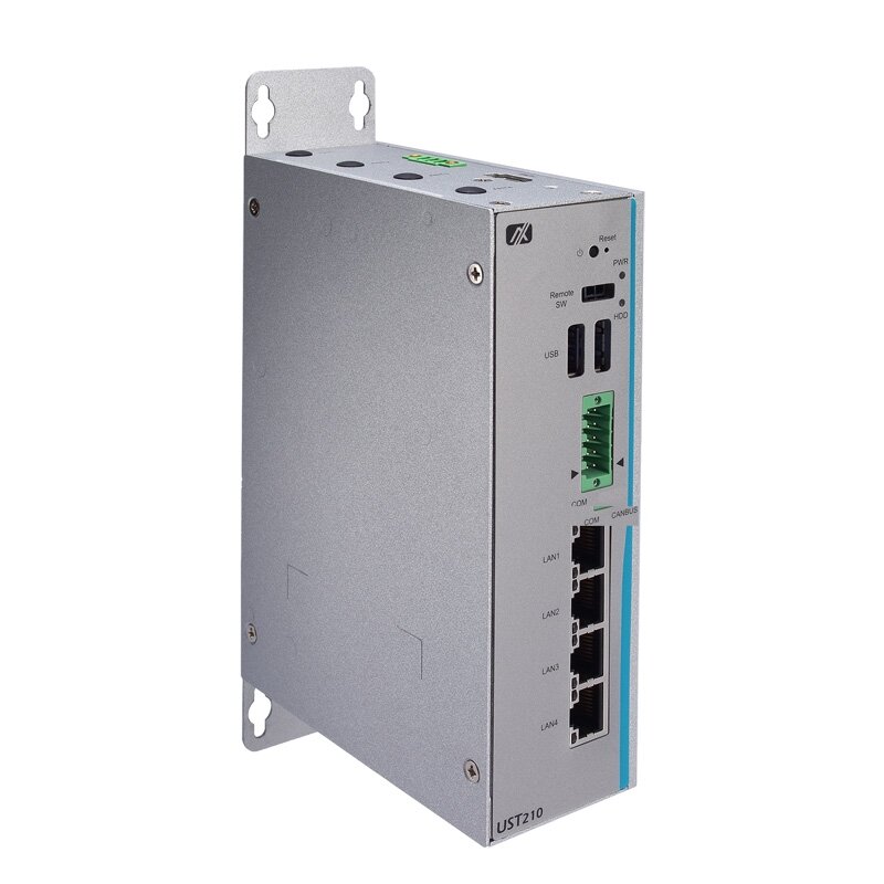 Axiomtek UST210-83K-FL – tvirtas ir kompaktiškas ant DIN bėgelio montuojamas įterptinis (embedded) nevetiliuojamas kompiuteris su Intel Atom x5-E3940 procesoriumi