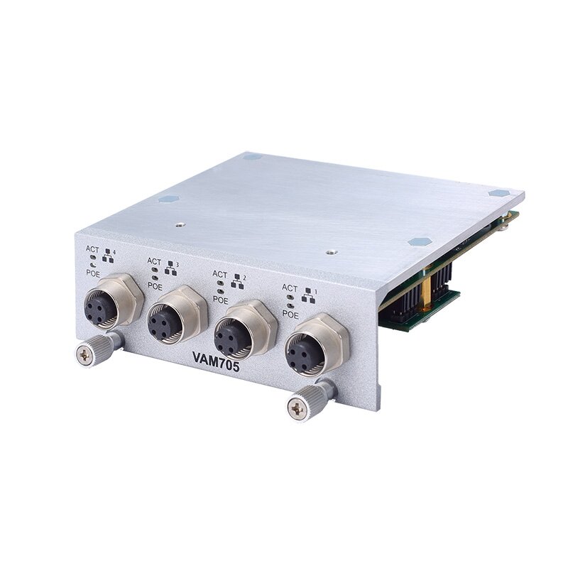 Axiomtek VAM704/VAM705 – papildomas modulis su 4 M12 D kodavimo 10/100 Mbps LAN prievadais (PoE pasirenkamas) Axiomtek VAM704/VAM705 – papildomas modulis su 4 M12 D kodavimo 10/100 Mbps LAN prievadais (PoE pasirenkamas)