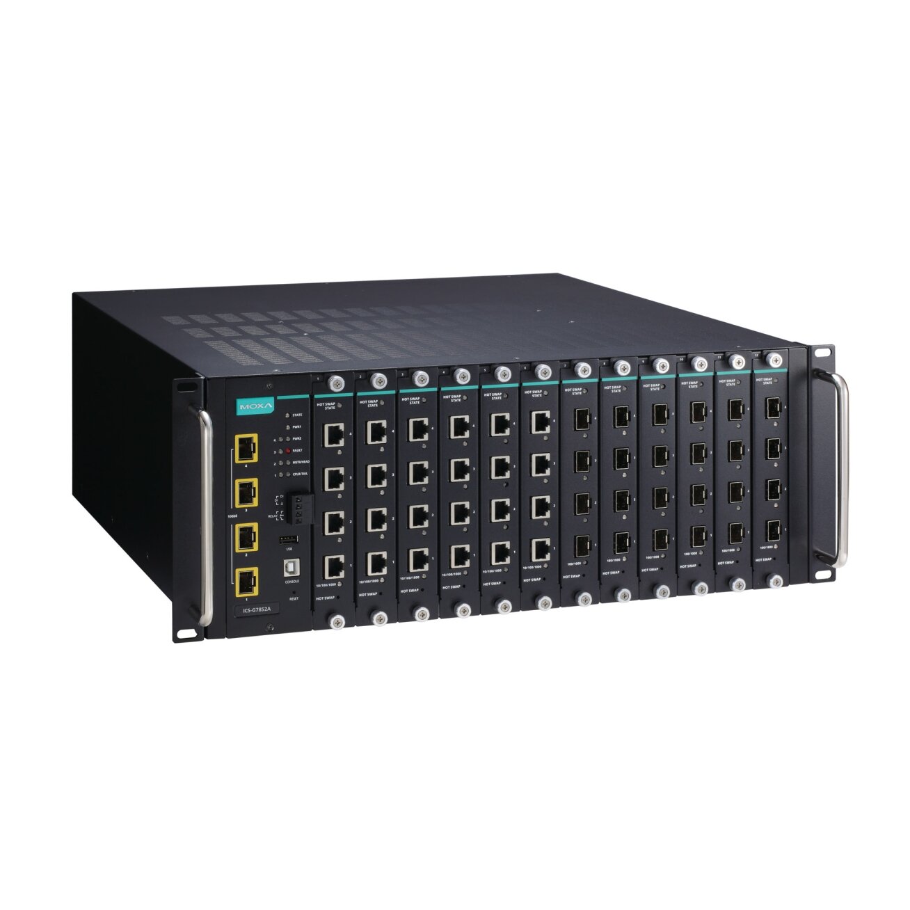 Moxa (ICS-G7852A-4XG-HV-HV) 3 lygmens visi prievadai Gigabit, modulinis valdomas Ethernet komutatorius sistema, komplektacija: 4 10GbE SFP+ lizdai, 12 lizdai skirta 4 prievadų Gigabit Ethernet sąsaja moduliai, 2 galvaniškai atskirti maitinimo šaltiniai (8 2
