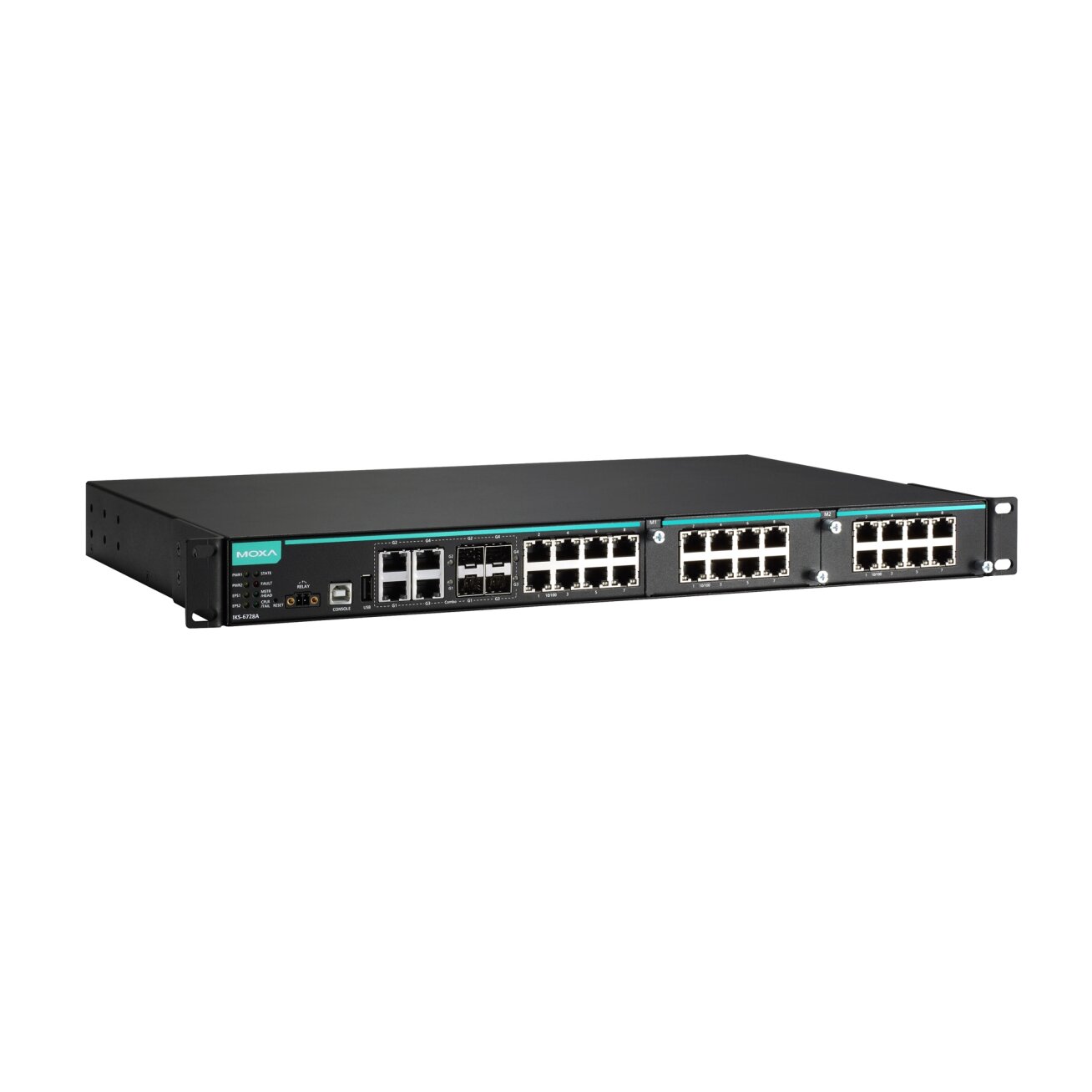 Moxa (IKS-6728A-8PoE-4GTXSFP-48-48-T) modulinis valdomas Montuojamas į spintą Ethernet PoE+ komutatorius, komplektacija: 8 built-viduje 10/100BaseT(X) PoE+ prievadai, 4 Gigabit varinis/SFP kombinuoti prievadai, 2 lizdai skirta Fast Ethernet PoE+ moduliai. 3
