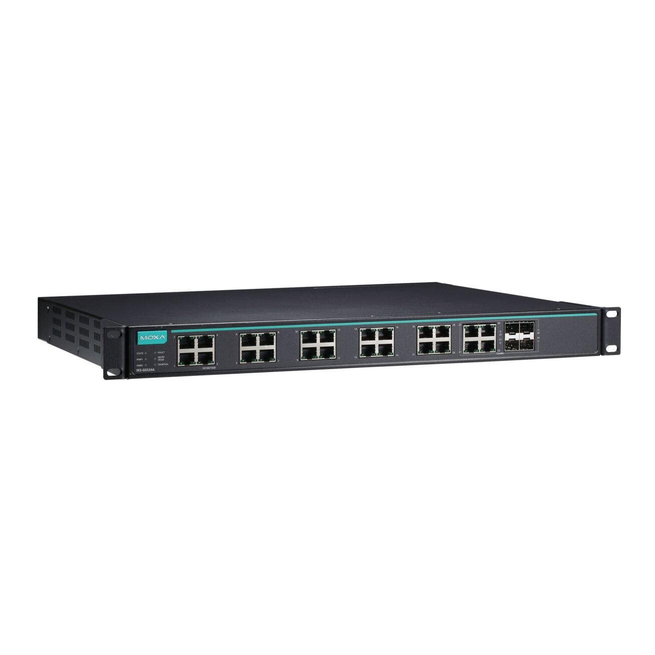 Moxa (IKS-G6524A-8GSFP-4GTXSFP-HV-HV) 2 lygmens visi prievadai Gigabit, valdomas Ethernet komutatorius, komplektacija: 12 10/100/1000BaseT(X) prievadai, 8 100/1000BaseSFP lizdai, 4 10/100/1000BaseT(X) arba 100/1000BaseSFP lizdas kombinuoti prievadai, 2 ga 2