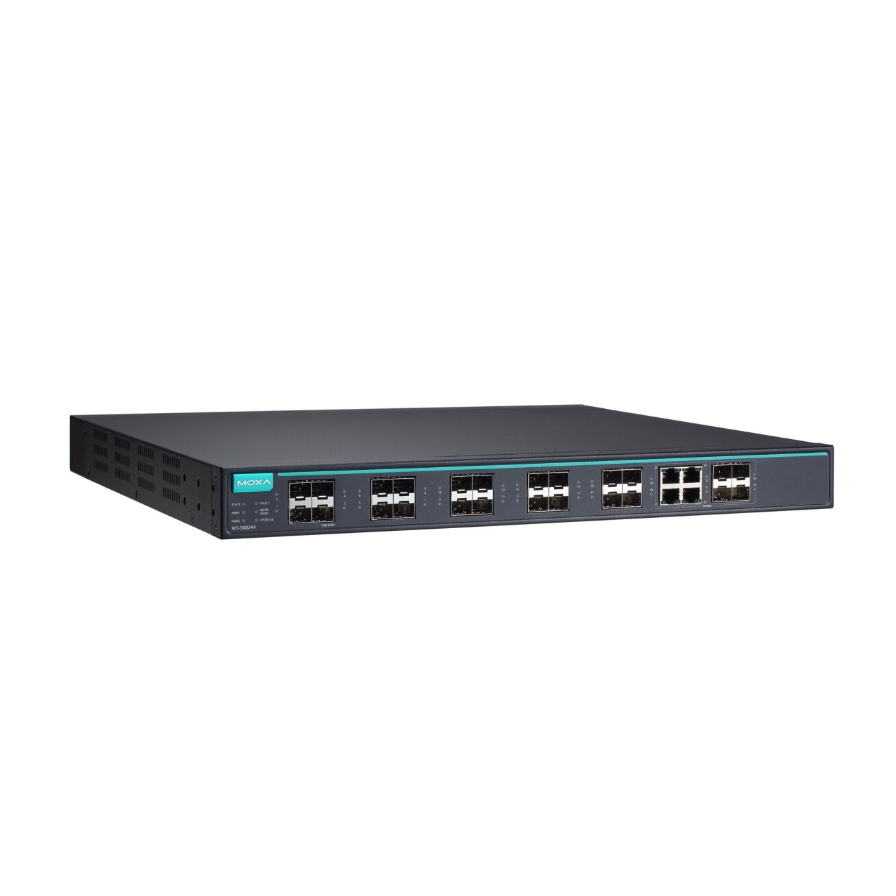 Moxa (IKS-G6824A-20GSFP-4GTXSFP-HV-HV) 3 lygmens visi prievadai Gigabit, valdomas Ethernet komutatorius, komplektacija: 20 100/1000BaseSFP lizdai, 4 10/100/1000BaseT(X) arba 100/1000BaseSFP lizdas kombinuoti prievadai, 2 galvaniškai atskirti maitinimo šal 3