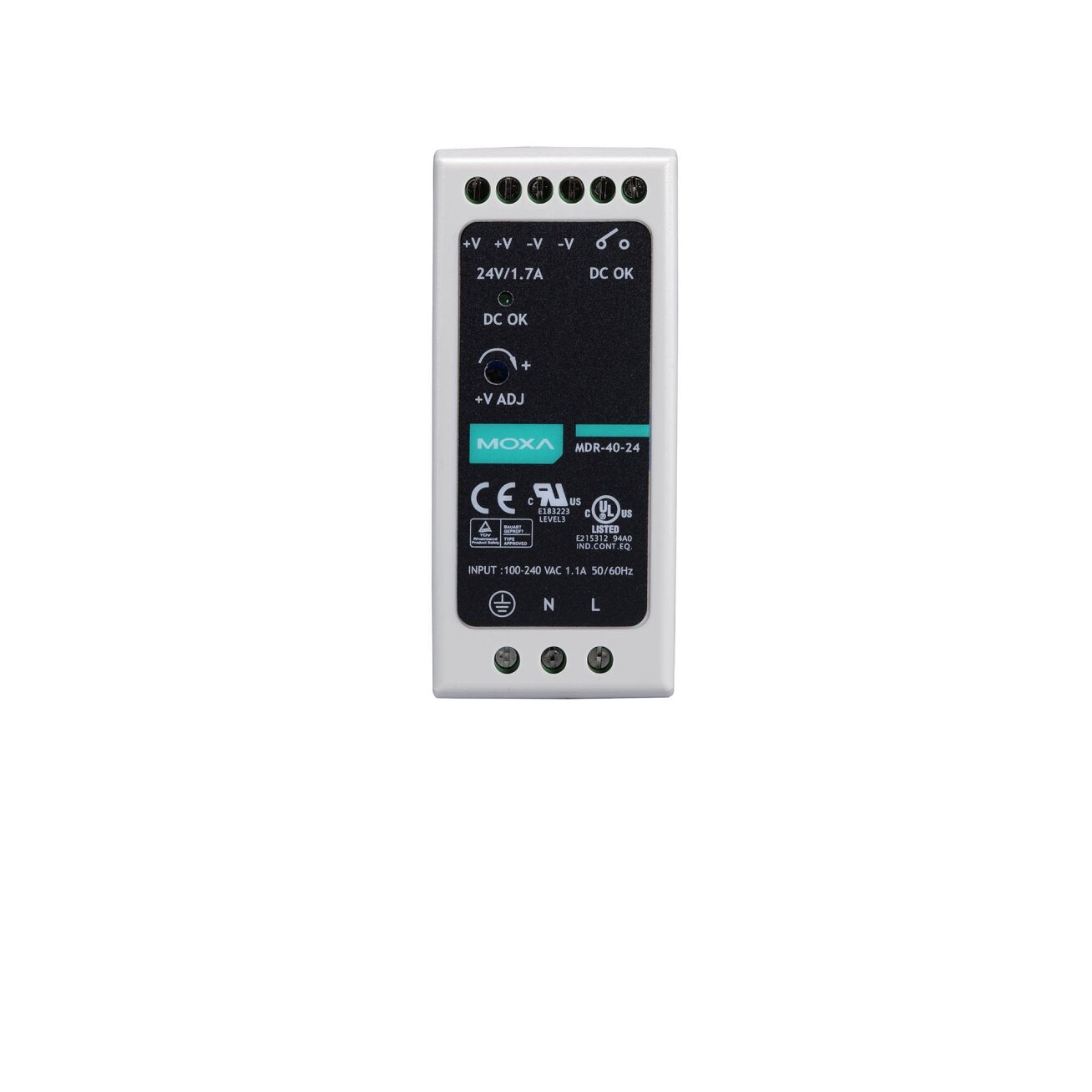 Moxa (MDR-40-24) DIN bėgelio 24 VDC maitinimo šaltinis, komplektacija: 40W/1.7A, 85...264 VAC, arba 120...370 VDC įėjimas, Darbinė temperatūra: -20...70 °C 2
