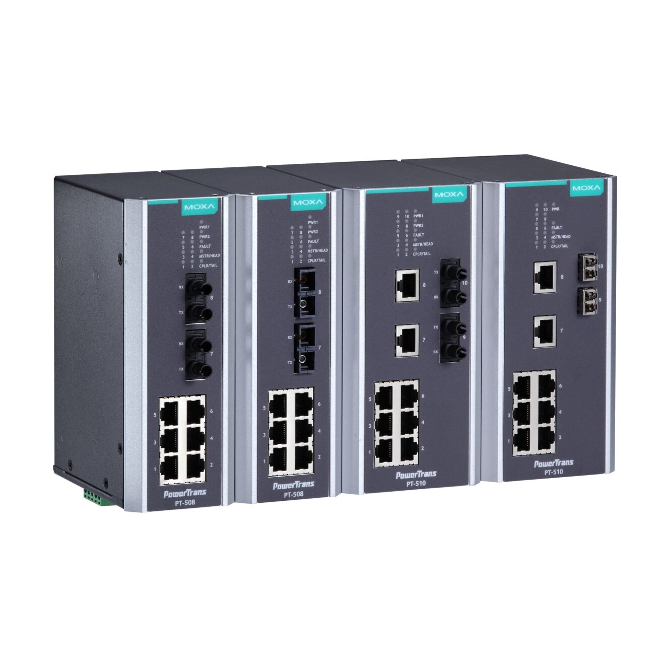 Moxa (PT-510-MM-LC-48) IEC 61850-3 valdomas DIN bėgelio Ethernet komutatorius,, komplektacija: 8 10/100BaseT(X) prievadai ir 2 100BaseFX daugiamodis prievadai su LC jungtys, 1 galvaniškai atskirtas maitinimo šaltinis (48 VDC), Darbinė temperatūra: -40...8 2