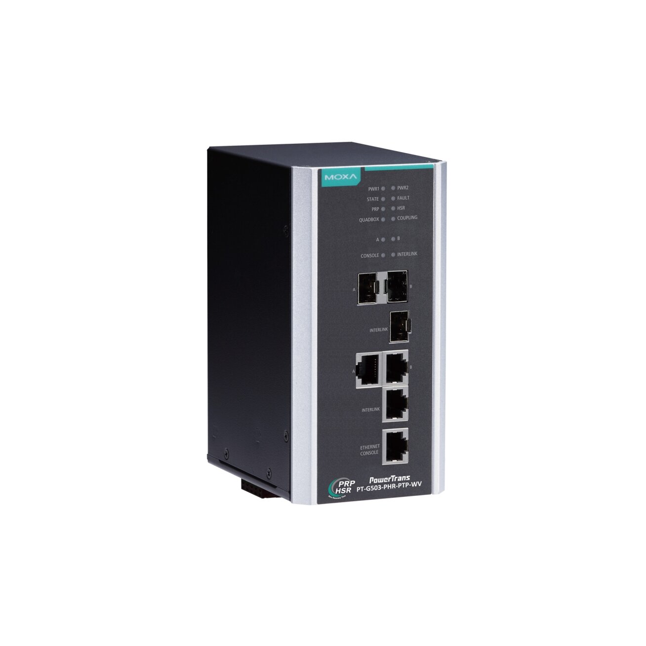 Moxa (PT-G503-PHR-PTP-WV) IEC 61850-3 ir IEC 62439-3 visi prievadai Gigabit, valdomas rezervavimas dėžė,, komplektacija: 3 10/100/1000BaseT(X) prievadai arba 100/1000Base SFP prievadai, 1 10/100/1000BaseT(X) Ethernet konsolė prievadas, 1 galvaniškai atski 2
