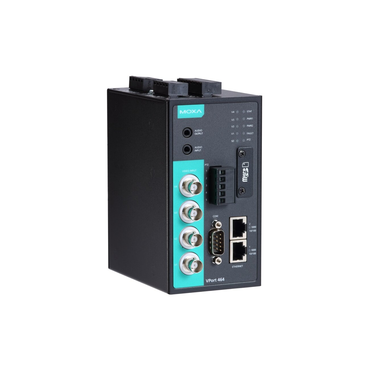 Moxa (VPort 464-T) 4 kanalų H.264/MJPEG pramoninis vaizdo koduotuvas, 2 10/100/1000BaseT(X) Ethernet prievadai, Darbinė temperatūra: -40...75 °C 2 Moxa (VPort 464-T) 4 kanalų H.264/MJPEG pramoninis vaizdo koduotuvas, 2 10/100/1000BaseT(X) Ethernet prievadai, Darbinė temperatūra: -40...75 °C 2