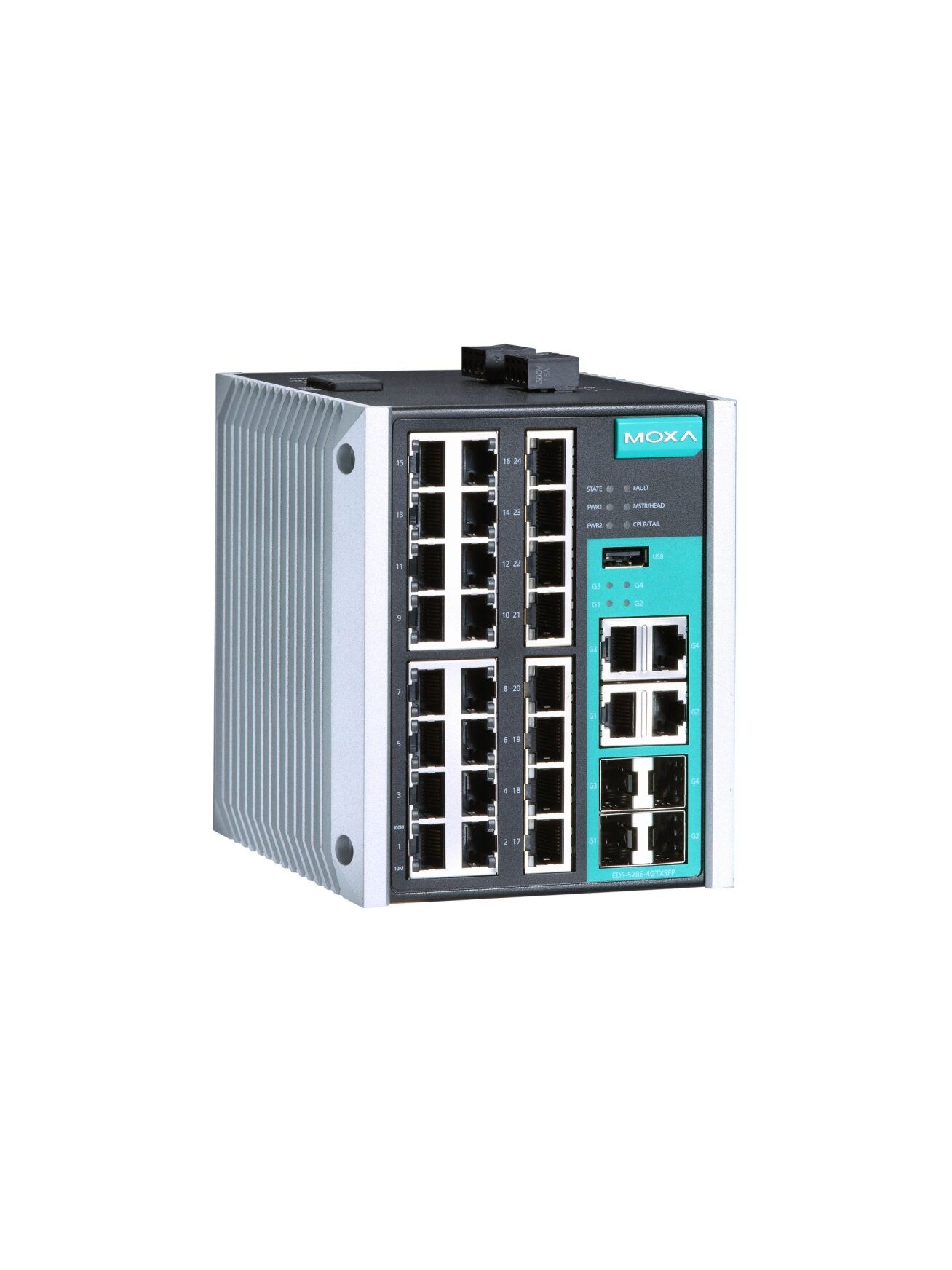 Moxa (EDS-528E-4GTXSFP-LV-T) Managed Gigabit Ethernet switch with 24 10/100BaseT(X) ports, 4 10/100/1000BaseT(X) or 100/1000BaseSFP ports, dual 12/24/48/-48 VDC power inputs, -40 to 75°C operating temperature 2 Moxa (EDS-528E-4GTXSFP-LV-T) Managed Gigabit Ethernet switch with 24 10/100BaseT(X) ports, 4 10/100/1000BaseT(X) or 100/1000BaseSFP ports, dual 12/24/48/-48 VDC power inputs, -40 to 75°C operating temperature 2