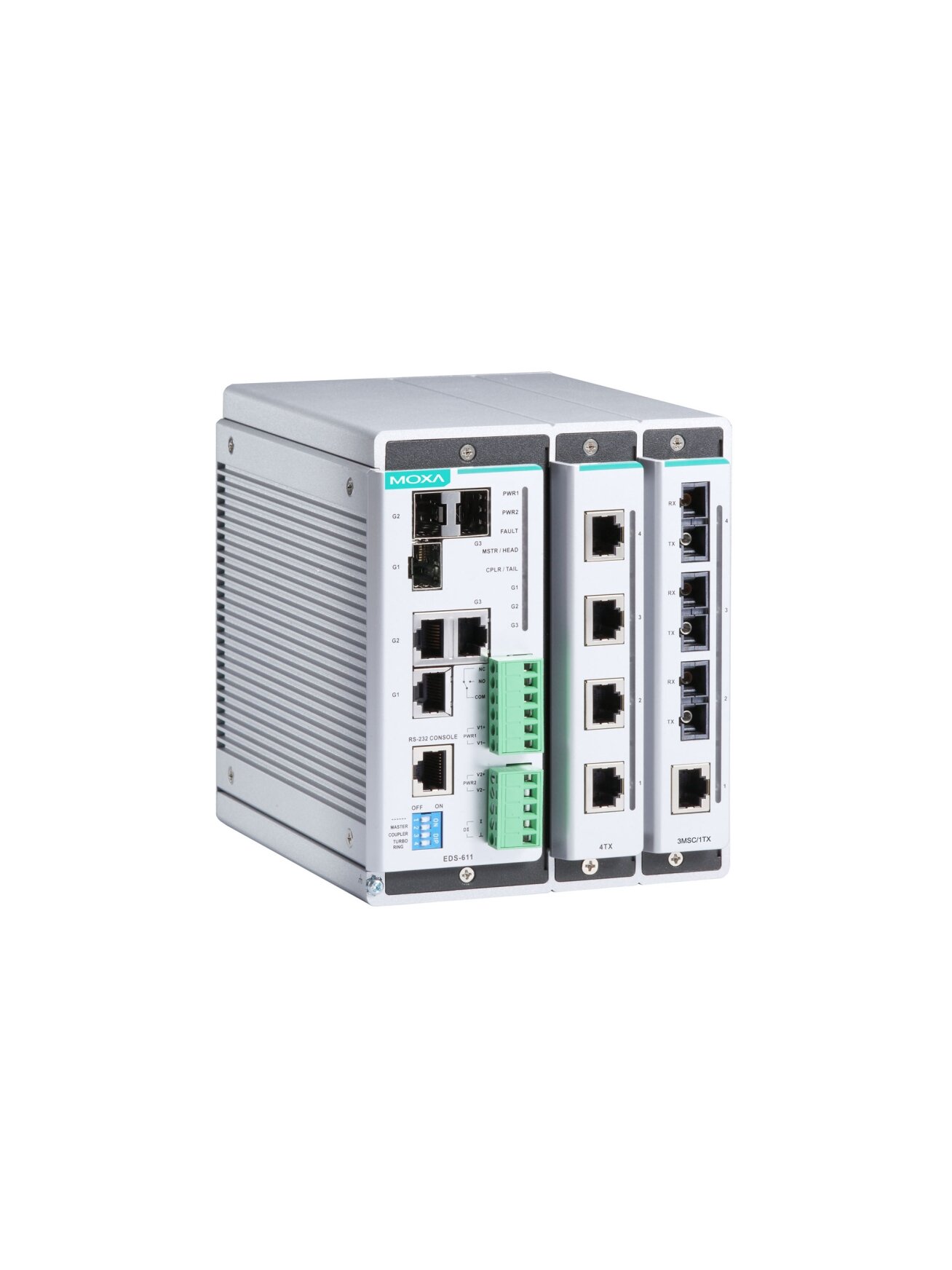 Moxa (EDS-611-T) Compact managed Ethernet switch system with 3 10/100/1000BaseT(X) or 100/1000BaseSFP slot combo ports, 2 slots for 4-port fast Ethernet interface modules, for a total of up to 11 ports, -40 to 75°C operating temperature 2