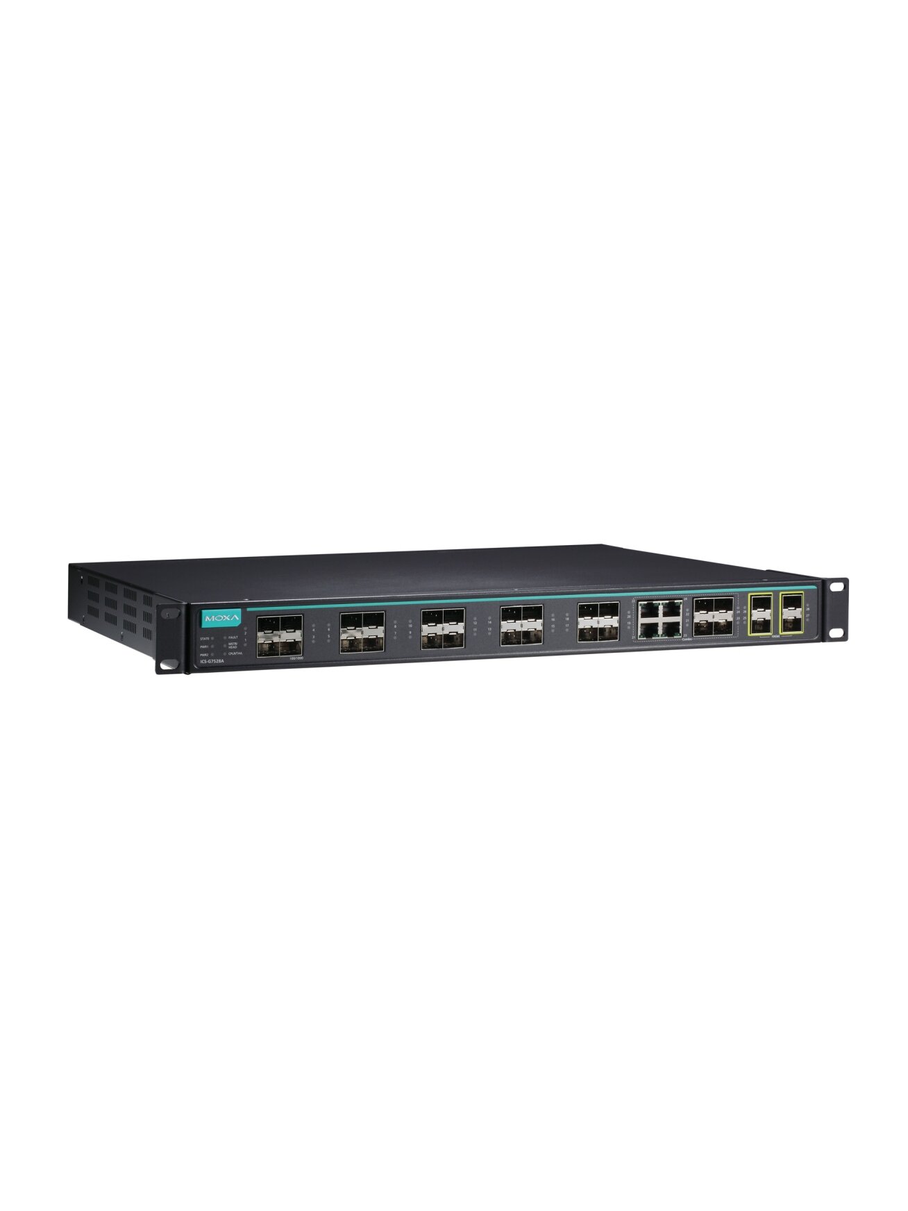 Moxa (ICS-G7528A-4XG-HV-HV-T) Layer 2 full Gigabit managed Ethernet switch with 20 10/100/1000BaseT(X) ports, 4 10/100/1000BaseT(X) or 100/1000BaseSFP slot combo ports, 4 10GbE SFP+ slots, 2 isolated power supplies (85 to 264 VAC), -40 to 75°C operating t 3 Moxa (ICS-G7528A-4XG-HV-HV-T) Layer 2 full Gigabit managed Ethernet switch with 20 10/100/1000BaseT(X) ports, 4 10/100/1000BaseT(X) or 100/1000BaseSFP slot combo ports, 4 10GbE SFP+ slots, 2 isolated power supplies (85 to 264 VAC), -40 to 75°C operating t 3