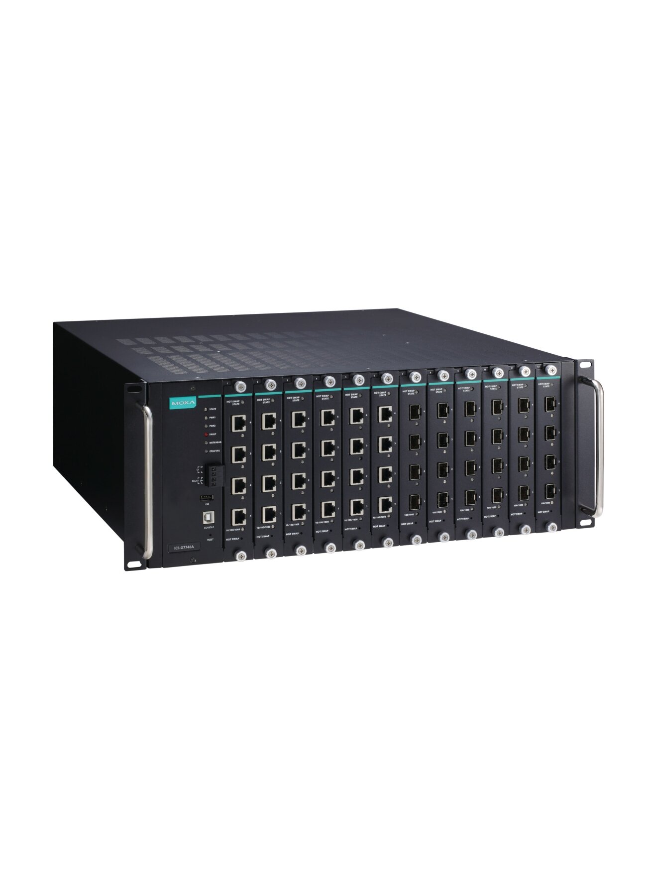 Moxa (ICS-G7748A-HV-HV) Full Gigabit modular managed Ethernet switch system with 12 slots for 4-port Gigabit Ethernet interface modules, 2 isolated power supplies (85 to 264 VAC), for a total of up to 48G ports, -10 to 60°C operating temperature 2