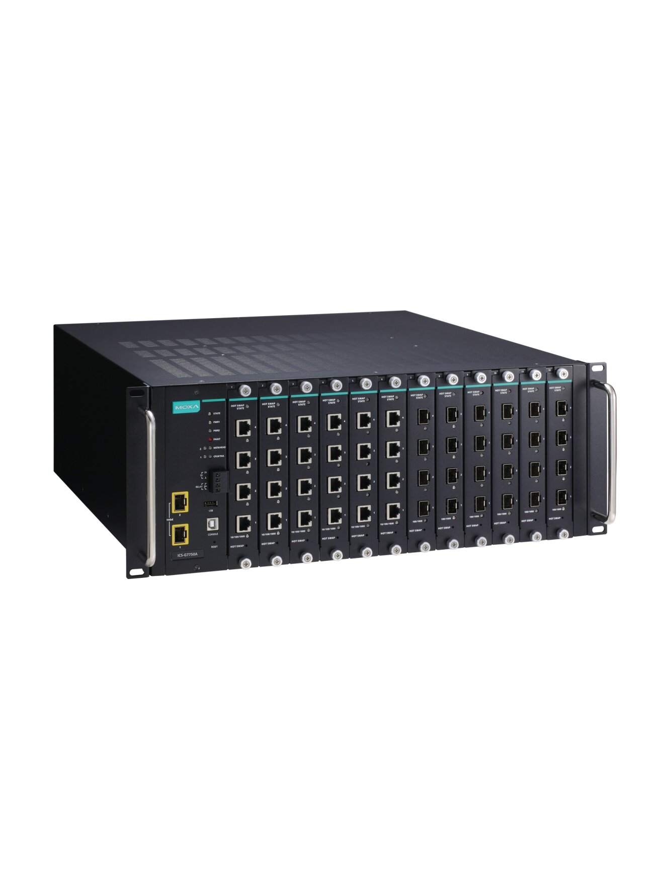 Moxa (ICS-G7750A-2XG-HV-HV) Full Gigabit modular managed Ethernet switch system with 2 10GbE SFP+ slots, 12 slots for 4-port Gigabit Ethernet interface modules, 2 isolated power supplies (85 to 264 VAC), for a total of up to 48G + 2 10GbE ports, -10 to 60 2