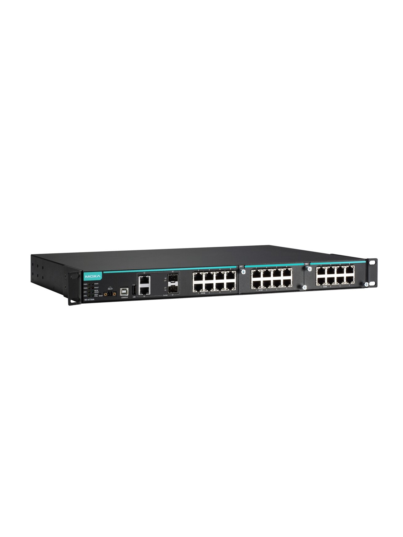 Moxa (IKS-6726A-2GTXSFP-24-24-T) Modular managed Ethernet switch with 8 10/100BaseT(X) ports, 2 10/100/1000BaseT(X) or 100/1000BaseSFP combo ports, 2 slots for Fast Ethernet modules, front cabling, 2 isolated power supplies (24 VDC), -40 to 75°C operating 2