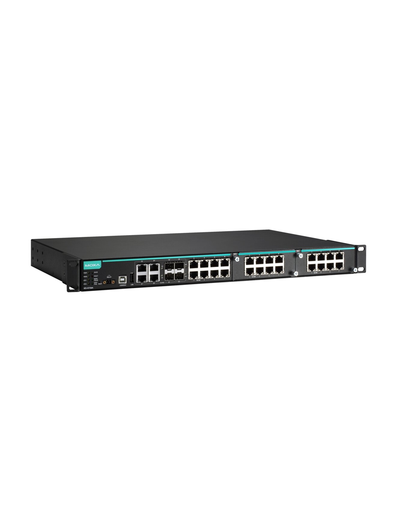 Moxa (IKS-6728A-4GTXSFP-48-48-T) Modular managed Ethernet switch with 8 10/100BaseT(X) ports, 4 10/100/1000BaseT(X) or 100/1000BaseSFP combo ports, 2 slots for Fast Ethernet modules, front cabling, 2 isolated power supplies (48 VDC), -40 to 75°C operating 3 Moxa (IKS-6728A-4GTXSFP-48-48-T) Modular managed Ethernet switch with 8 10/100BaseT(X) ports, 4 10/100/1000BaseT(X) or 100/1000BaseSFP combo ports, 2 slots for Fast Ethernet modules, front cabling, 2 isolated power supplies (48 VDC), -40 to 75°C operating 3