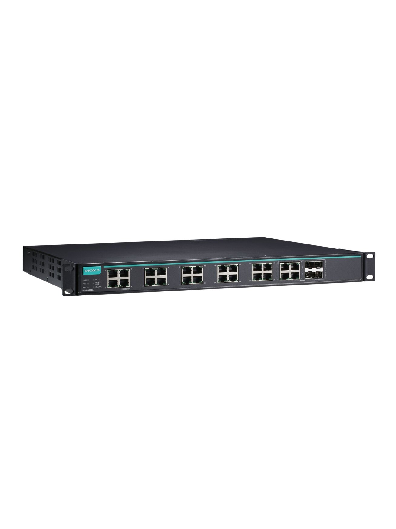Moxa (IKS-G6524A-4GTXSFP-HV-HV-T) Layer 2 full Gigabit managed Ethernet switch with 20 10/100/1000BaseT(X) ports, 4 10/100/1000BaseT(X) or 100/1000BaseSFP slot combo ports, 2 isolated power supplies (85 to 264 VAC), -40 to 75°C operating temperature 2 Moxa (IKS-G6524A-4GTXSFP-HV-HV-T) Layer 2 full Gigabit managed Ethernet switch with 20 10/100/1000BaseT(X) ports, 4 10/100/1000BaseT(X) or 100/1000BaseSFP slot combo ports, 2 isolated power supplies (85 to 264 VAC), -40 to 75°C operating temperature 2