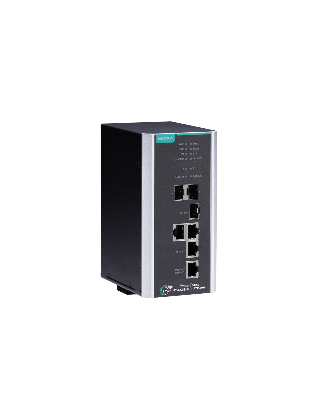 Moxa (PT-G503-PHR-PTP-HV) IEC 61850-3 and IEC 62439-3 full Gigabit managed redundancy box, with 3 10/100/1000BaseT(X) ports or 100/1000Base SFP ports, 1 10/100/1000BaseT(X) Ethernet console port, 1 isolated dual power supply (88 to 300 VDC or 85 to 264 VA 2