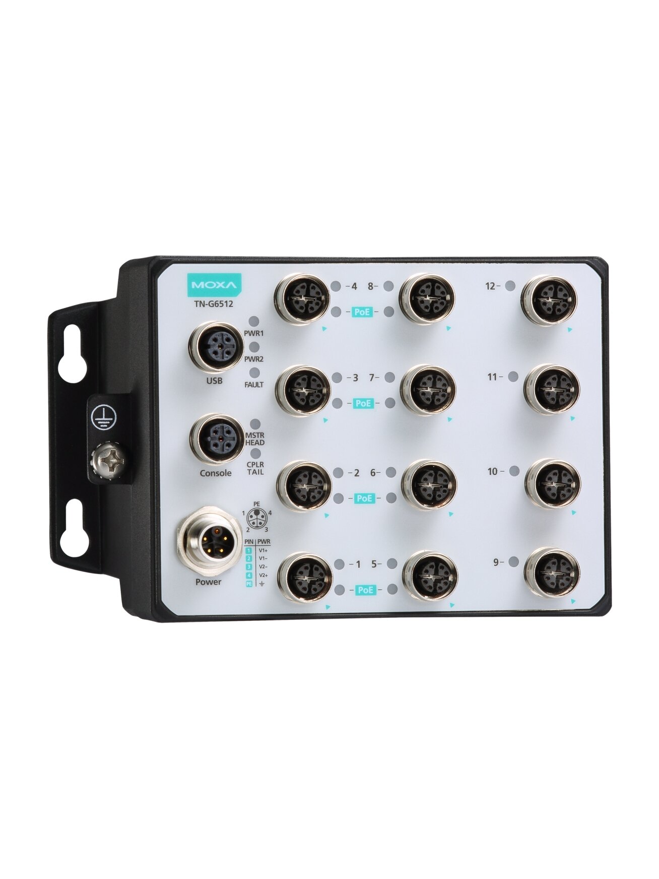 Moxa (TN-G6512-8GPoE-WV-T) Layer 2 Managed Ethernet switch, 8 10/100/1000BaseT(X) ports with 802.3at PoE+ and 4 10/100/1000BaseT(X) M12 connectors, 24 to 110 VDC power input, -40 to 70°C operating temperature 3