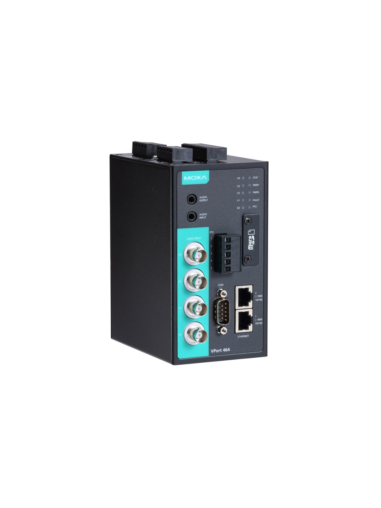 Moxa (VPort 464-T) 4-channel H.264/MJPEG industrial video encoder, 2 10/100/1000BaseT(X) Ethernet ports, -40 to 75°C operating temperature 2 Moxa (VPort 464-T) 4-channel H.264/MJPEG industrial video encoder, 2 10/100/1000BaseT(X) Ethernet ports, -40 to 75°C operating temperature 2