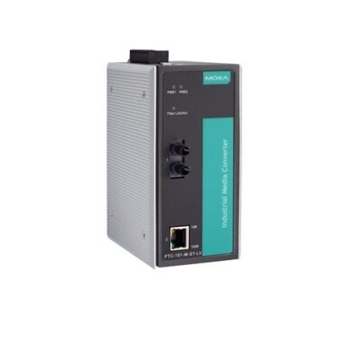 Moxa (PTC-101-M-ST-LV) pramoninis 10/100BaseT(X) į 100BaseFX medijos keitiklis, daugiamodis su ST jungtis, dvigubas rezervinis maitinimas įėjimai (20...70 VDC), Darbinė temperatūra: -40...85 °C Moxa (PTC-101-M-ST-LV) pramoninis 10/100BaseT(X) į 100BaseFX medijos keitiklis, daugiamodis su ST jungtis, dvigubas rezervinis maitinimas įėjimai (20...70 VDC), Darbinė temperatūra: -40...85 °C