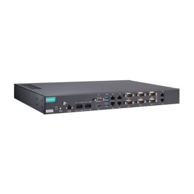 Moxa (RKP-A110-E2-2L4C-T) Montuojamas į spintą 1U kompiuteris, komplektacija: Intel Atom® x6211E procesorius, 6 LAN prievadai, 6 nuosekliojo ryšio prievadai, 8 skaitmeniniai įėjimai (DI), 8 skaitmeniniai išėjimai (DO), 3 USB 3.0 prievadai, 1 VGA prievadas