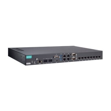 Moxa (RKP-A110-E2-8L-T) Montuojamas į spintą 1U kompiuteris, komplektacija: Intel Atom® x6211E procesorius, 12 LAN prievadai, 2 nuosekliojo ryšio prievadai, 8 skaitmeniniai įėjimai (DI), 8 skaitmeniniai išėjimai (DO), 3 USB 3.0 prievadai, 1 VGA prievadas,