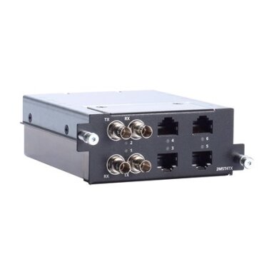 Moxa (RM-G4000-2MST4TX) Fast Ethernet modulis, komplektacija: 2 daugiamodis 100BaseFX prievadai su ST jungtys, 4 10/100BaseT(X) prievadai Moxa (RM-G4000-2MST4TX) Fast Ethernet modulis, komplektacija: 2 daugiamodis 100BaseFX prievadai su ST jungtys, 4 10/100BaseT(X) prievadai