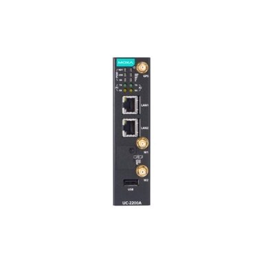 Moxa (UC-2222A-T-CN) Arm® Cortex®-A53 dviejų branduolių 64-bitų 1-GHz pramoninis kompiuteris, komplektacija: 2 Ethernet prievadai, 2 RS-232/422/485 nuosekliojo ryšio prievadai, 1 USB 2.0 prievadas, 1 mPCIe plėtimo lizdas skirta belaidis modulis, 12...24 V