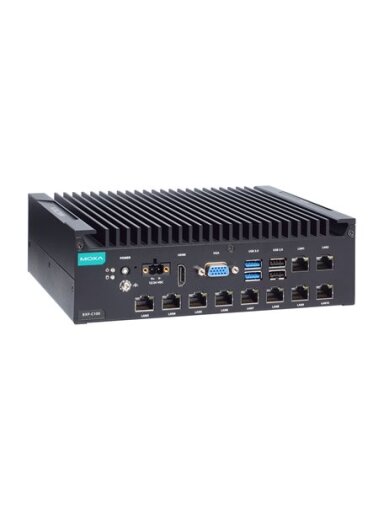 Moxa (BXP-C100-C1-8L-T) Box computer with Intel® Celeron® 6305E processor, 10 LAN ports, 2 serial ports, 4 DIs, 4 DOs, 2 USB 3.0 ports, 4 USB 2.0 ports, 1 VGA port, 1 HDMI port, 1 CFast slot, 1 SD slot, 12/24 VDC power input, -30 to 60°C operating tempera