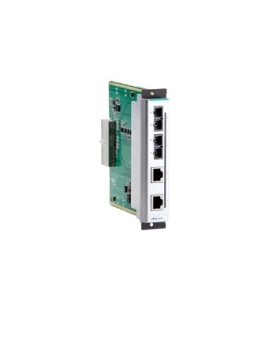 Moxa (CM-600-2SSC/2TX) Fast Ethernet interface module with 2 10/100BaseT(X) ports, RJ45 connectors, and 2 100BaseFX single-mode ports, SC connectors, -40 to 75°C operating temperature