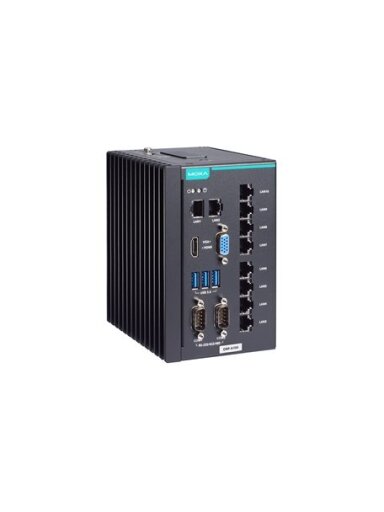 Moxa (DRP-A100-E4-8L-T) DIN-rail computer with Intel Atom® x6425E processor, 10 LAN ports, 2 serial ports, 3 USB 3.0 ports, 1 VGA port, 1 HDMI port, 1 CFast slot, 1 SD slot, 12/24 VDC power input, -30 to 60°C operating temperature