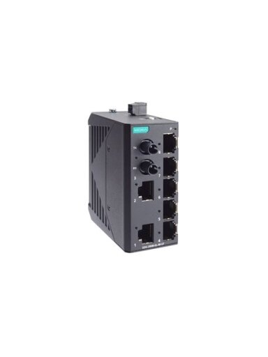 Moxa (EDS-2008-EL-M-ST) Unmanaged Fast Ethernet switch with 7 10/100BaseT(X) ports, 1 100BaseFX multi-mode port with ST connectors, 12/24/48 power input, metal housing, -10 to 60°C operating temperature