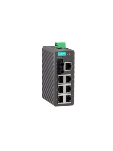 Moxa (EDS-208-M-ST) Entry-level unmanaged Ethernet switch with 7 10/100BaseT(X) ports, 1 100BaseFX multi-mode port with ST connectors, plastic housing, -10 to 60°C operating temperature