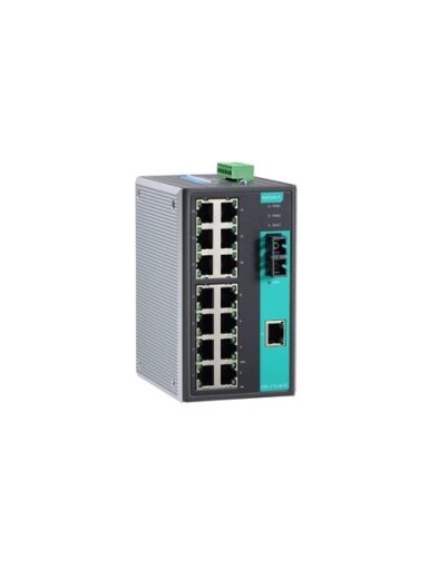 Moxa (EDS-316-S-SC) Unmanaged Ethernet switch with 15 10/100BaseT(X) ports, 1 100BaseFX single-mode port with SC connector, relay output warning, -10 to 60°C operating temperature