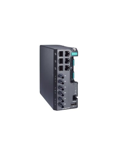 Moxa (EDS-4009-3MST-HV-T) Managed Ethernet switch with 6 10/100BaseT(X) ports, 3 100BaseFX multi-mode ports with ST connectors, single power supply 110/220 VAC/VDC, -40 to 75°C operating temperature